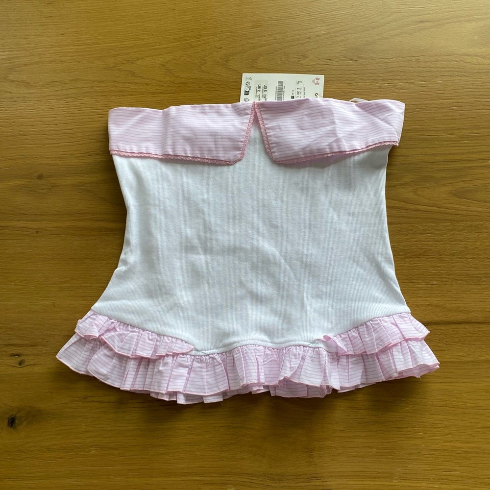 NWT Zara Pink & White Striped Ruffle Tube Top - Size L (Fits M/S)